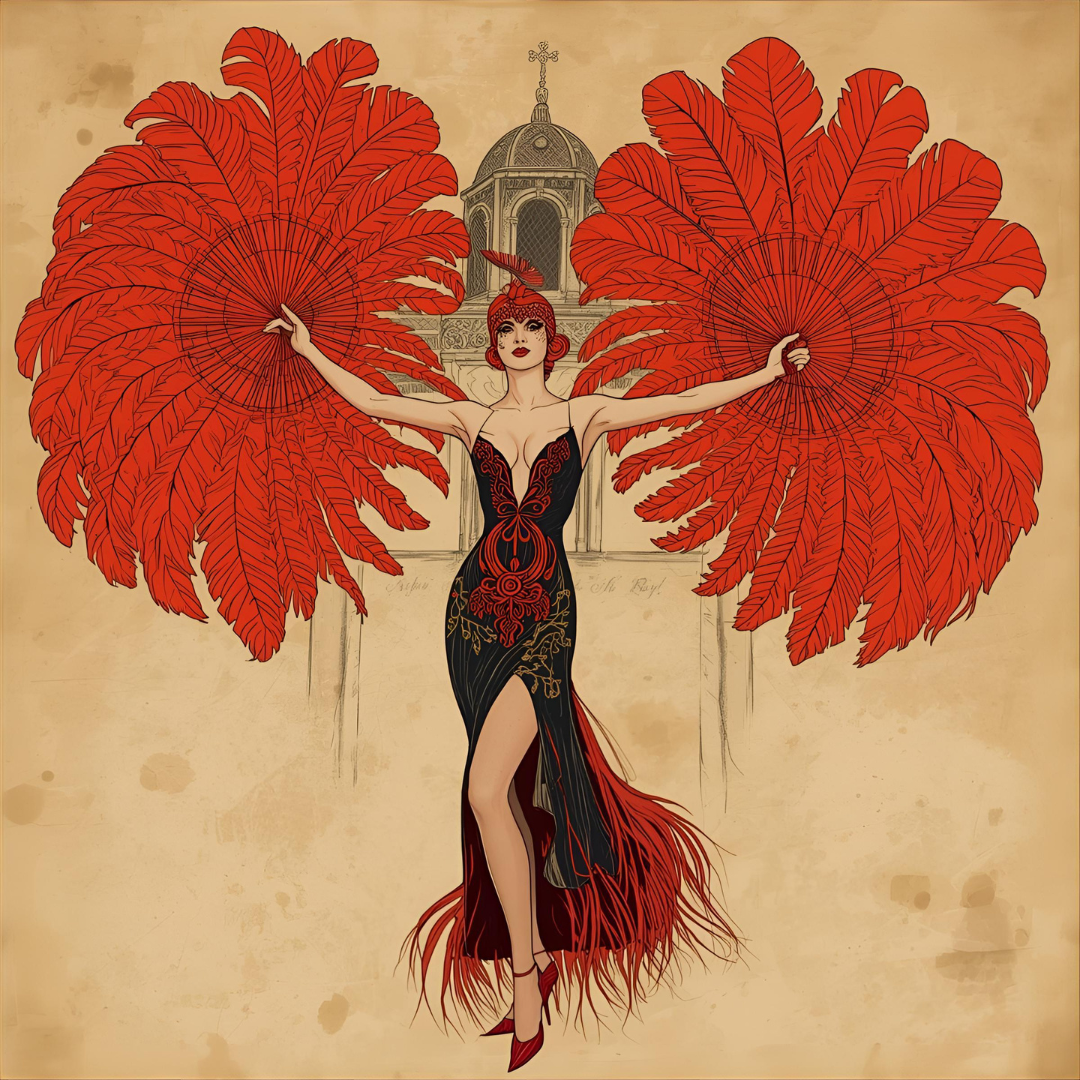 Danseuse burlesque en robe noire avec éventails en plumes rouges devant le beffroi de Montrouge